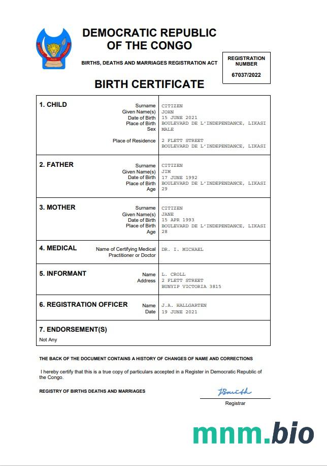 Democratic Republic of the Congo narodziny certyfikat Word i PDF szablon